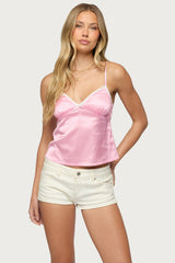 Polka Dot Satin Effect Lace Trim Top