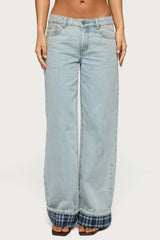 Plaid Cuffed Low Rise Baggy Jeans