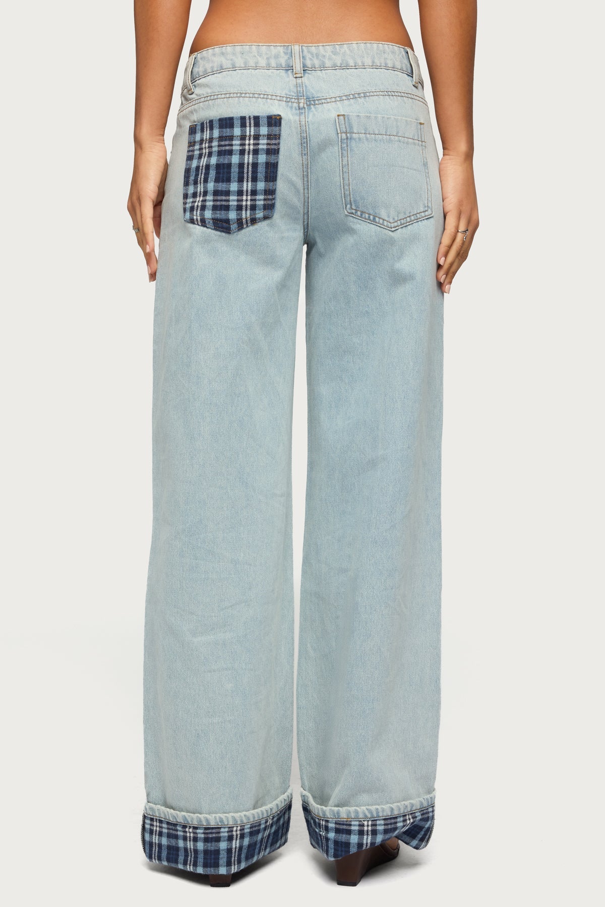 Plaid Cuffed Low Rise Baggy Jeans