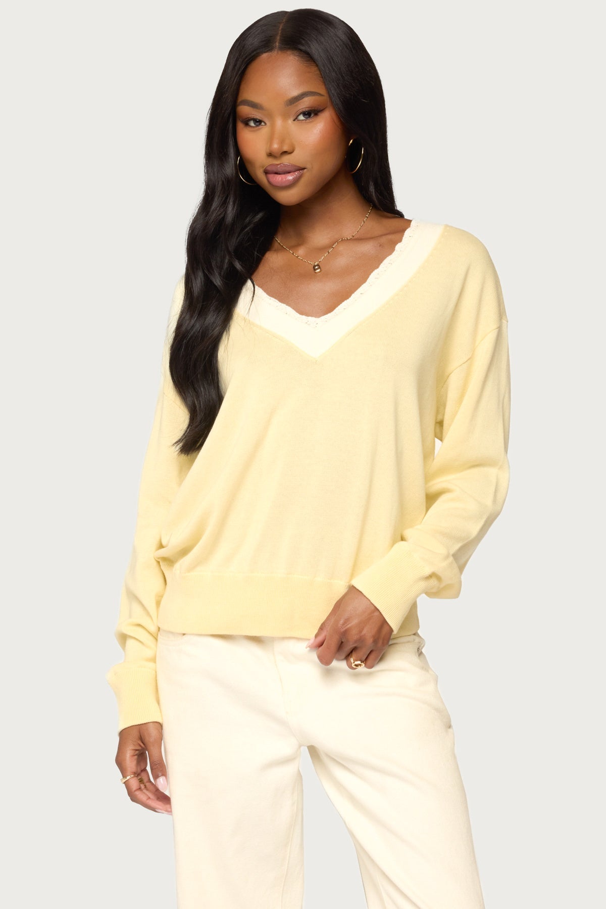 Marie Contrast Lacey V Neck Sweater