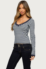 Kimi Striped Long Sleeve V Neck Top