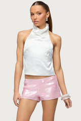 Satin Effect Backless Cowl Neck Top