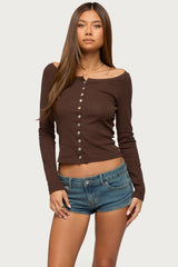 Cameo Boat Neck Button Up Top