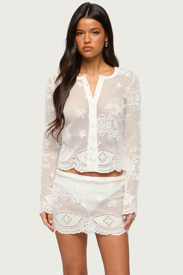Rusa Button Up Sheer Crochet Top