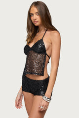 Annael Sequin Net Backless Halter Top