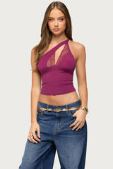 One Shoulder Peekaboo Lacey Cutout Top