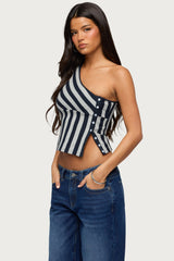 Button Striped One Shoulder Top