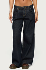 Pleated Low Rise Wide Leg Jeans