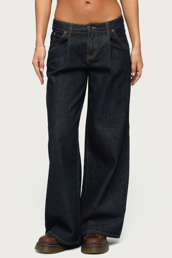 Pleated Low Rise Wide Leg Jeans