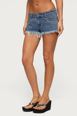 Studded Frayed Low Rise Denim Shorts