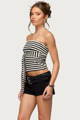 Finly Striped Tie Front Strapless Top
