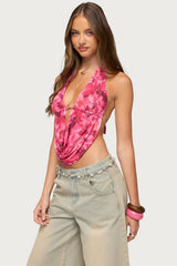 Floral Mesh Backless Cowl Neck Top