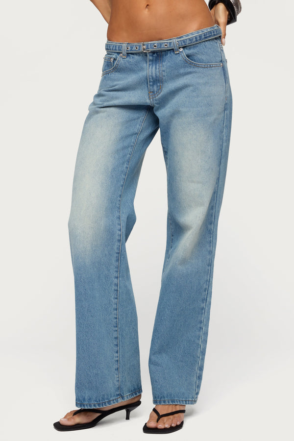 Belted Low Rise Straight Leg Jeans
