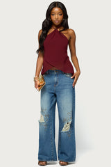 Chiffon Split Open Back Halter Top