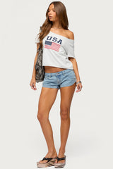 Pleated Low Rise Denim Micro Shorts