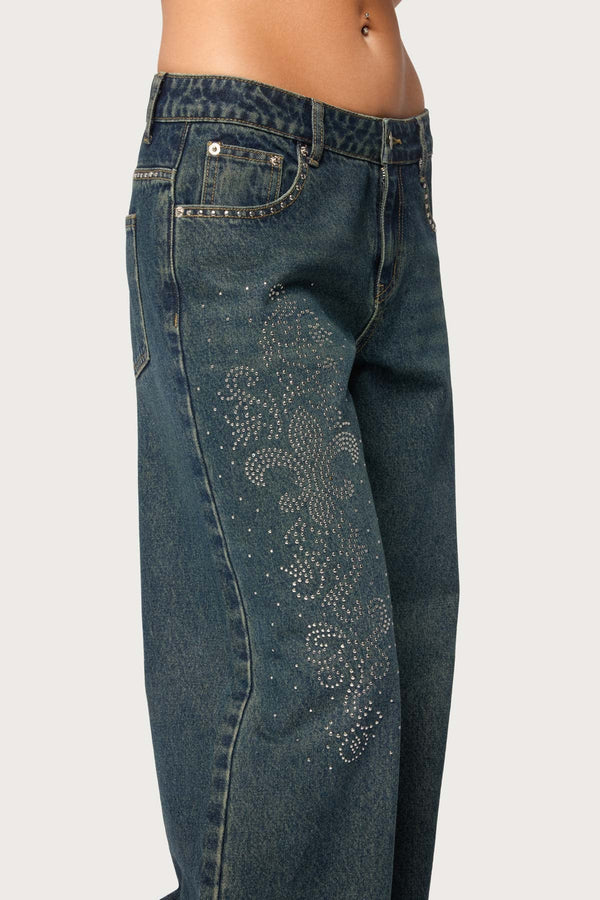 Rhinestone Graphic Low Rise Baggy Jeans