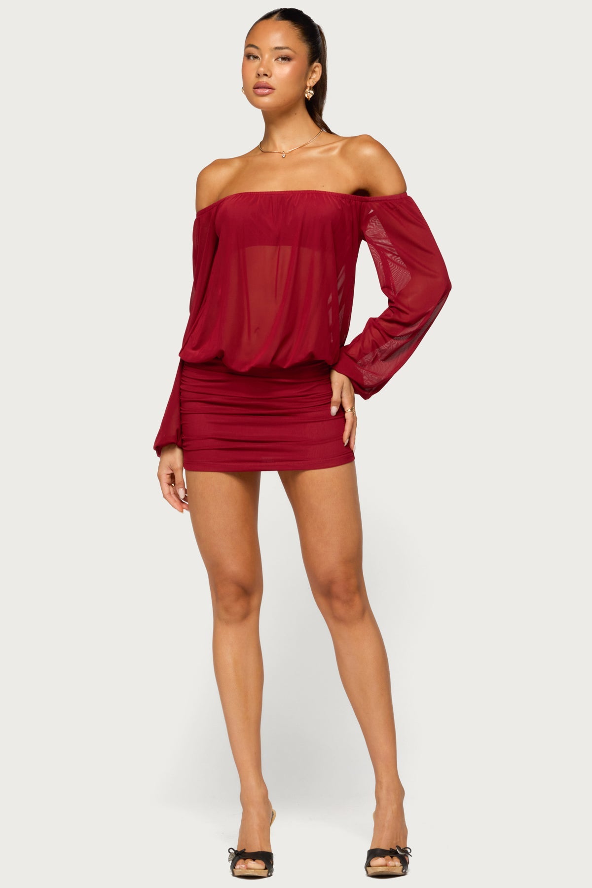 Jorie Sheer Mesh Off Shoulder Bubble Dress