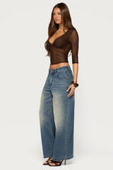 Saely Sheer Mesh Three-Quarter Sleeve Top