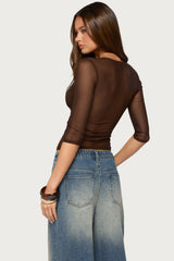 Saely Sheer Mesh Three-Quarter Sleeve Top