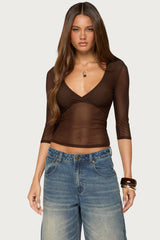 Saely Sheer Mesh Three-Quarter Sleeve Top
