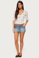 Olsi Sheer Lace Three-Quarter Sleeve Top