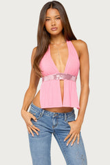 Heily Sequin Split Front Backless Top