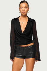 Paela Mesh Cowl Neck Long Sleeve Top