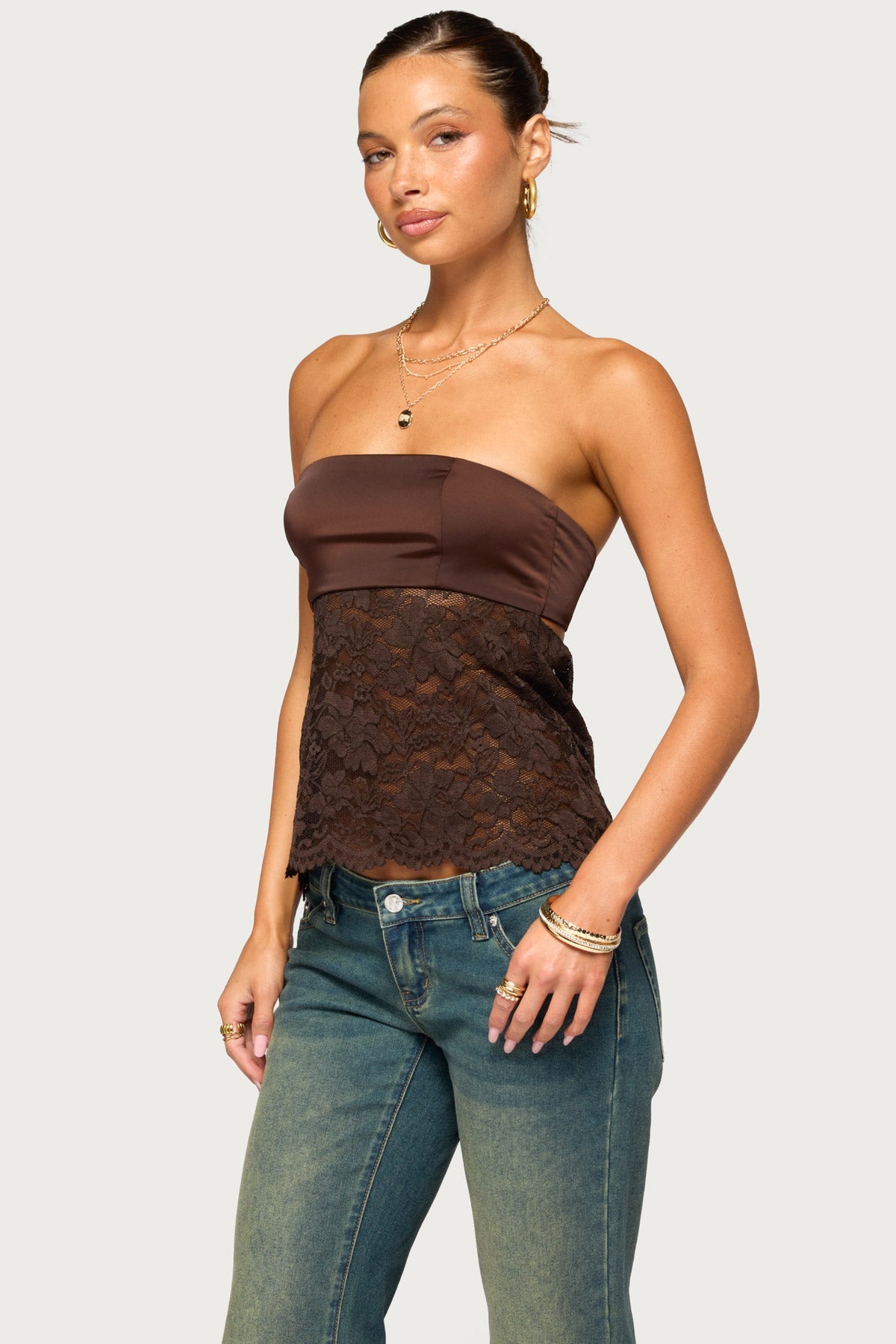 Laely Lacey Satin Effect Strapless Top