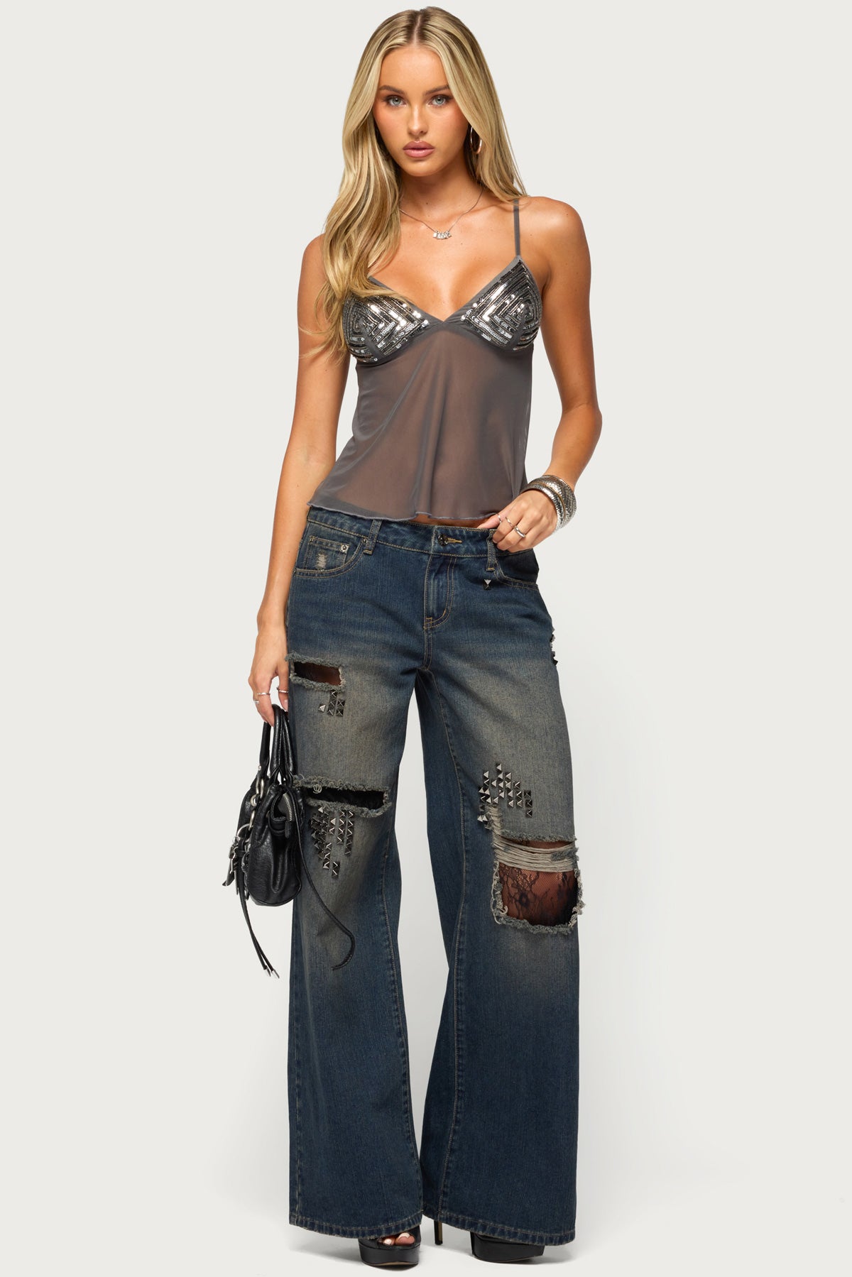 Adzy Sequin Mesh Babydoll Top