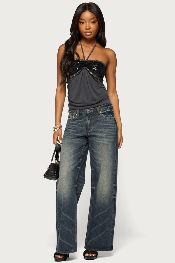 Destiney Sequin And Grommet Halter Top view 2