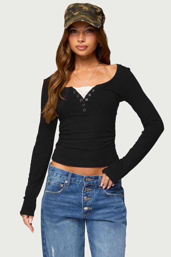 Jackee Lacey Ribbed Henley Top view 1