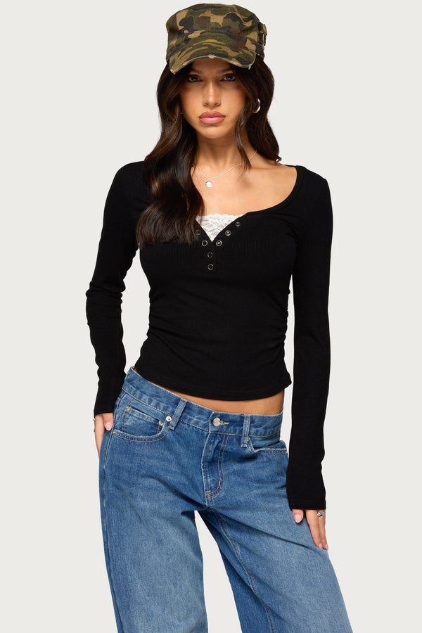 Jackee Lacey Ribbed Henley Top view 1