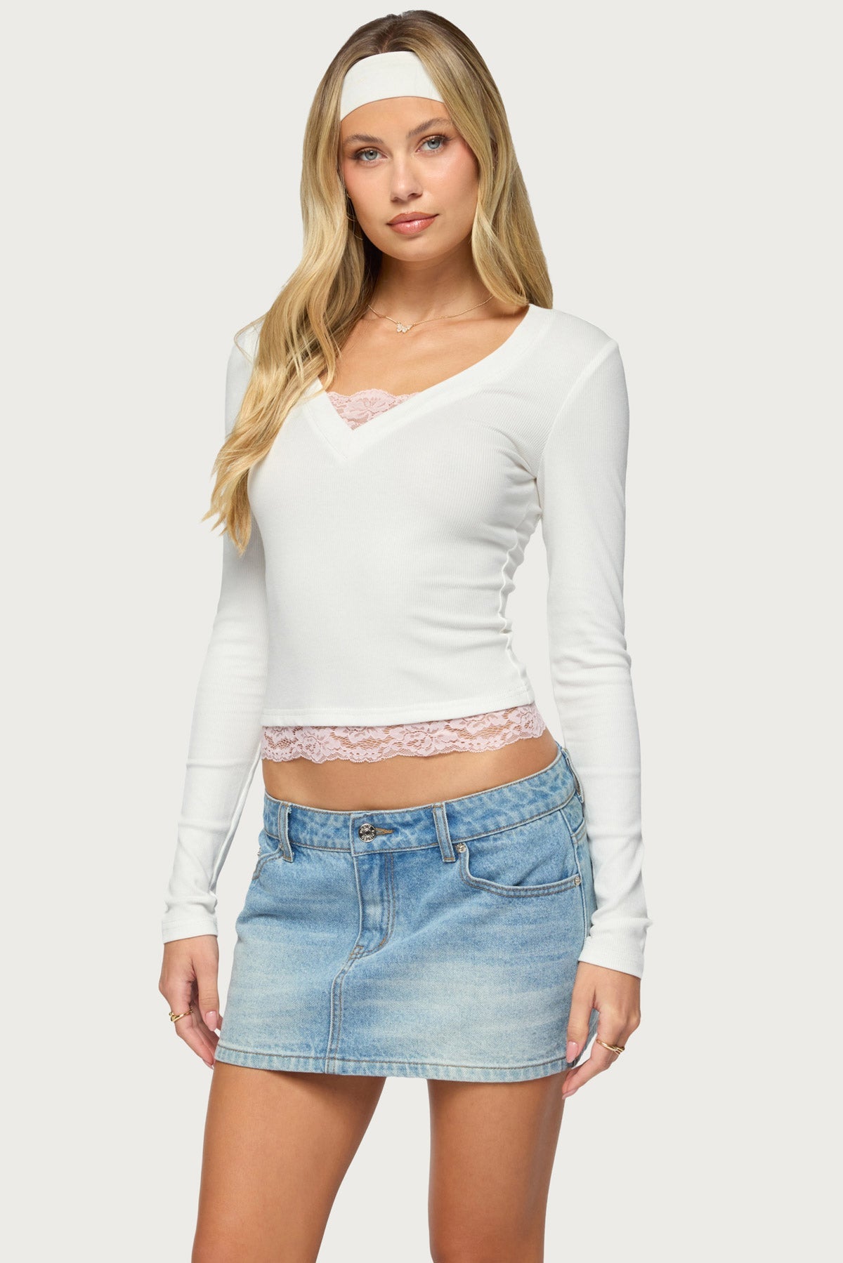Milee Lacey Ribbed V Neck Top