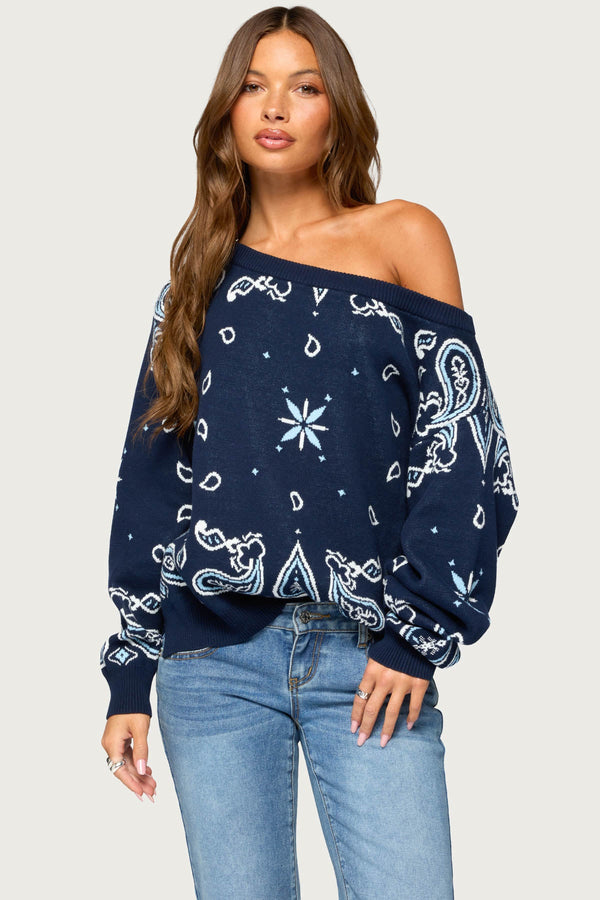 Faiga Off Shoulder Bandana Print Sweater view 1