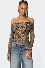 Leopard Printed Fold Over Knit Top