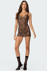 Leopard Print Mesh Mini Dress