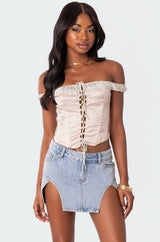 Damsel Off Shoulder Lace Up Satin Effect Corset