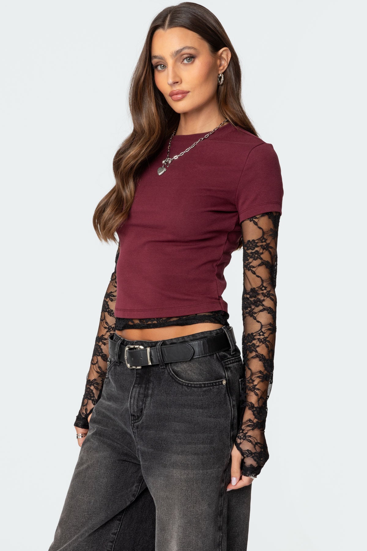 Layered Lace Sleeve T Shirt