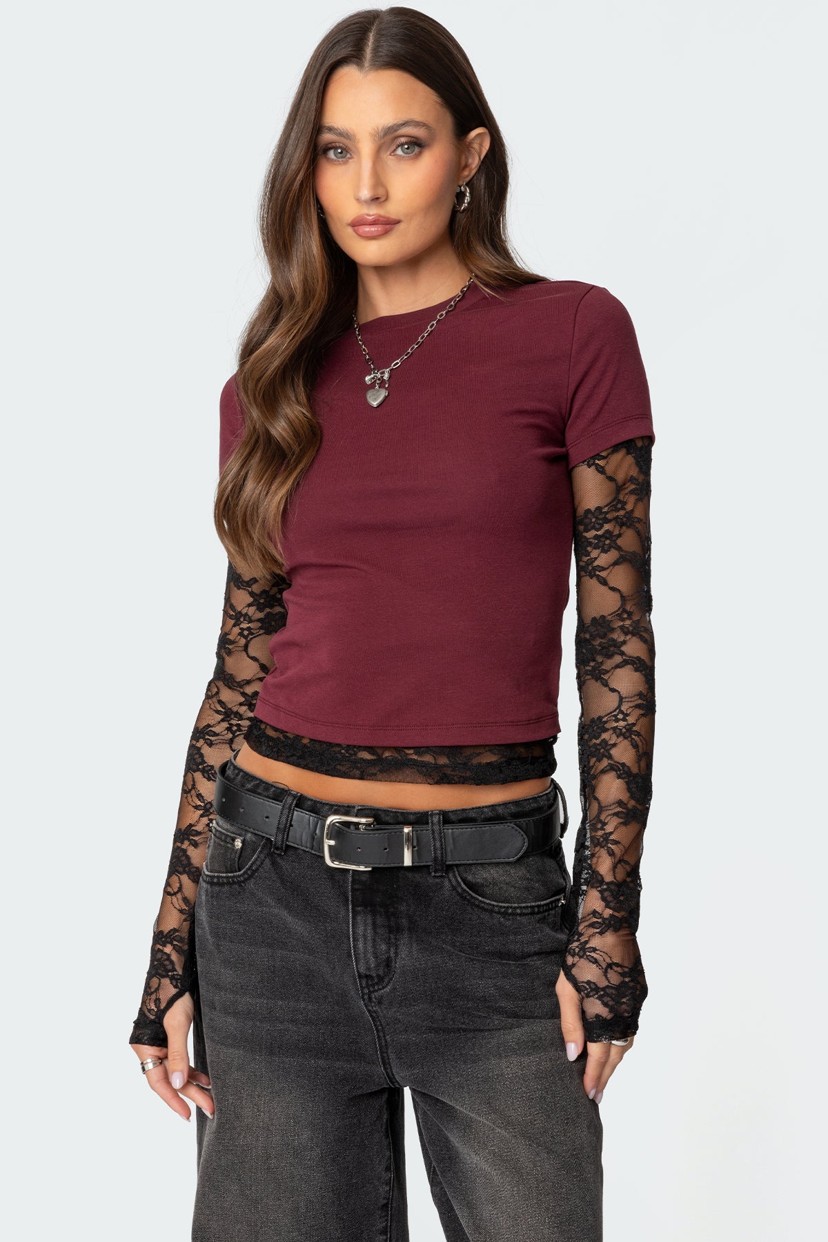 Layered Lace Sleeve T Shirt