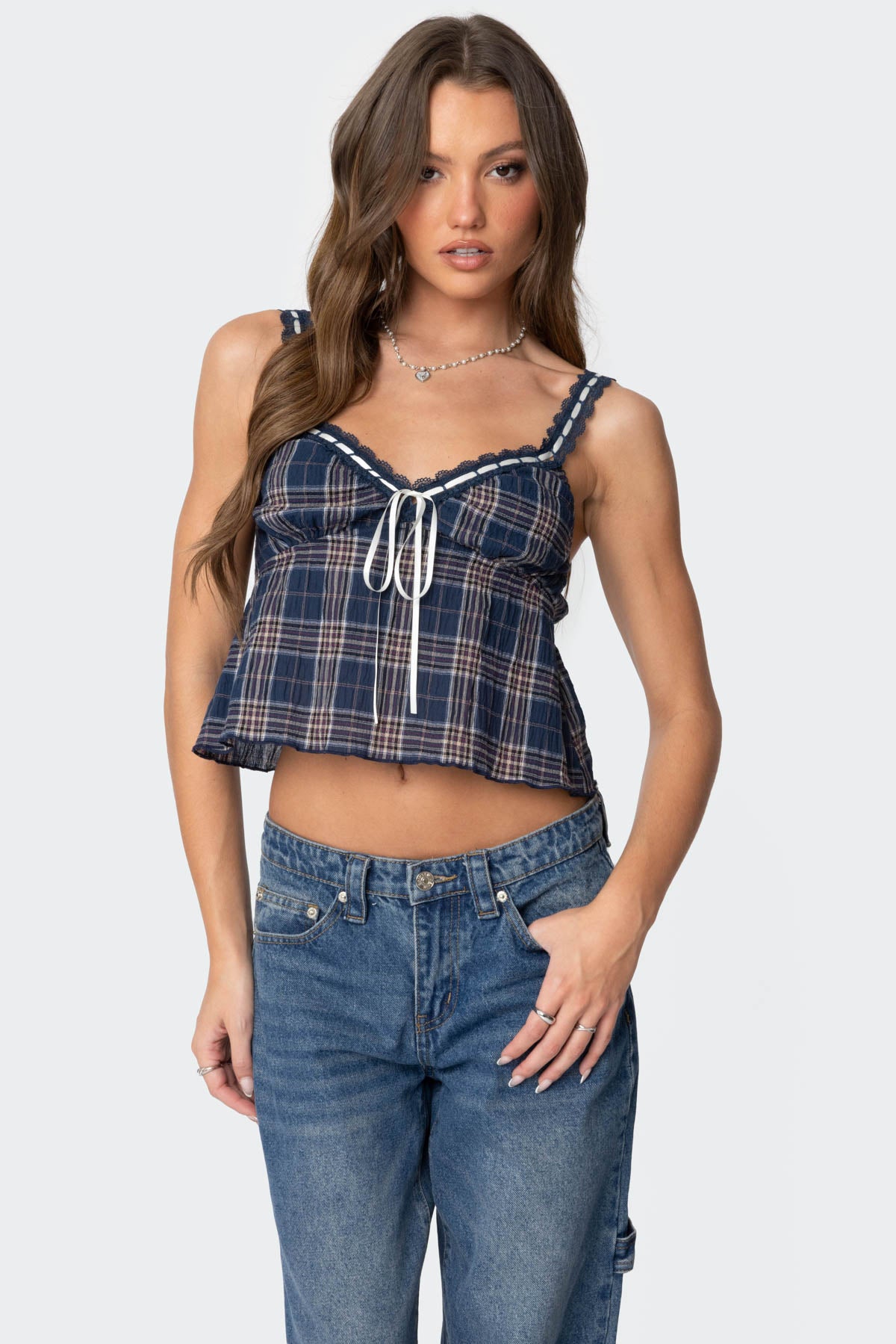 Plaid Lace Trim Tank Top