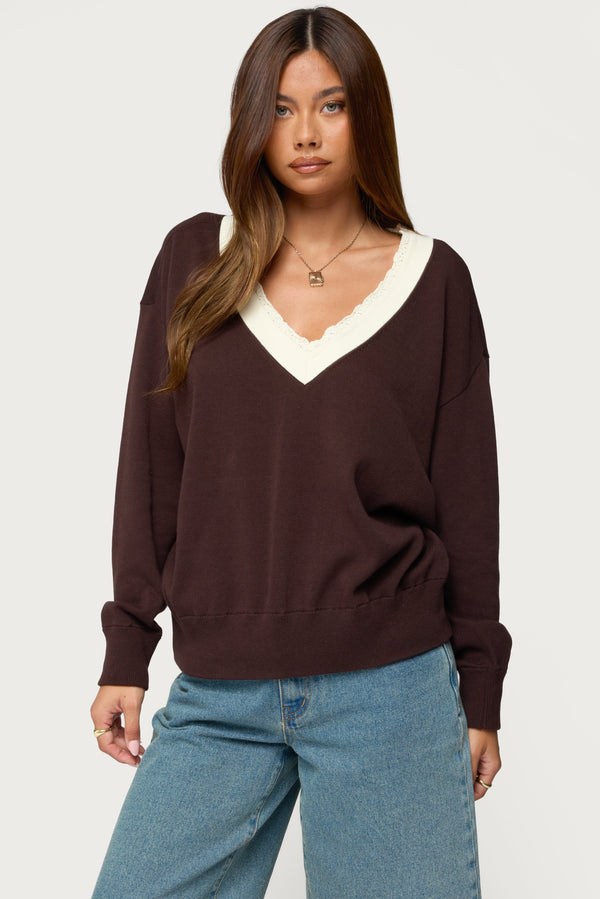 Marie Contrast Lacey V Neck Sweater