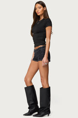 Moirah Rhinestone Denim Micro Shorts