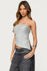 Sequin Asymmetric Slit Strapless Top