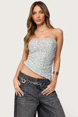 Sequin Asymmetric Slit Strapless Top