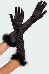 Faux Feather Satin Effect Gloves