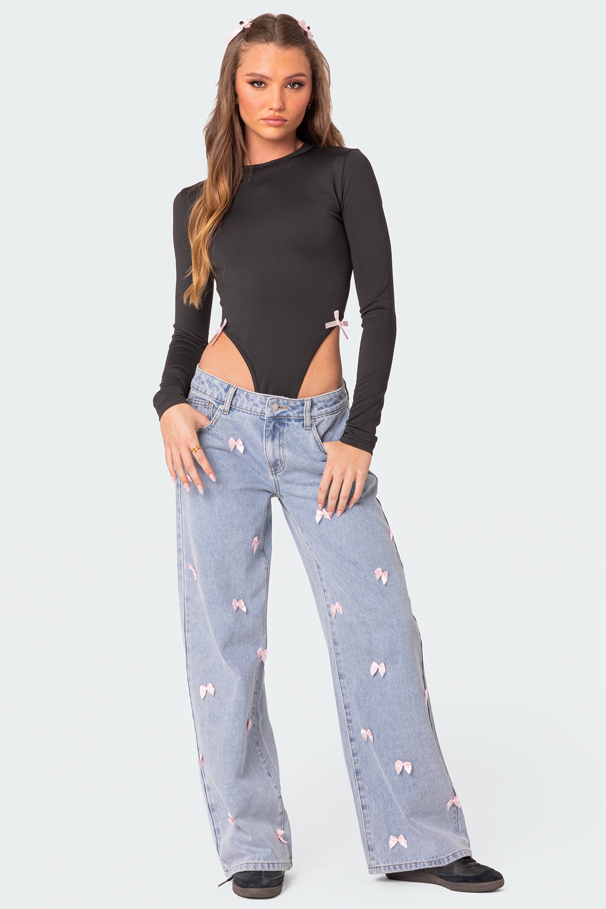 Lucille Low Rise Satin Effect Bow Jeans