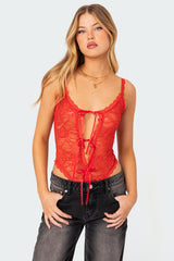 Maribelle Tie Front Sheer Lace Bodysuit