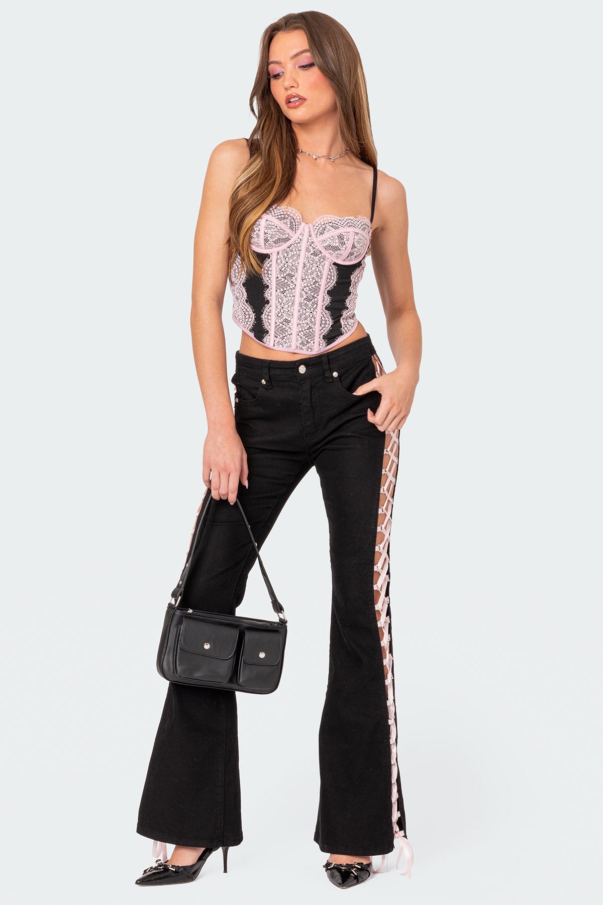 Satin Lace Up Flared Jeans