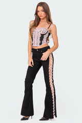 Satin Lace Up Flared Jeans