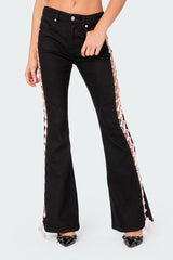 Satin Lace Up Flared Jeans